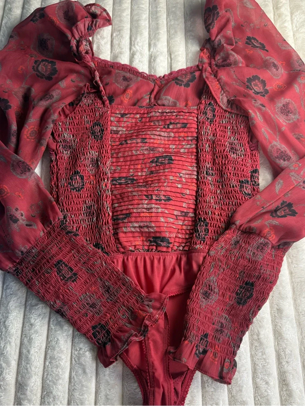 Free People Brunch Date Burgundy Floral Corset Sheer Puffed Sleeve Bodysuit XS